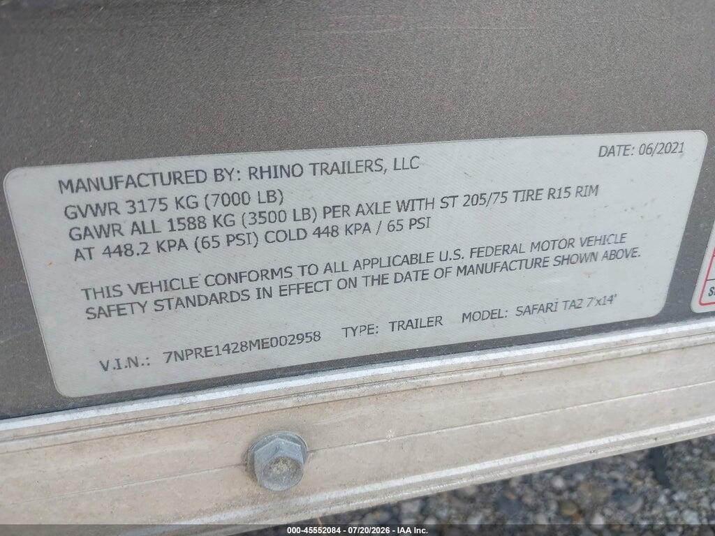 7NPRE1428ME002958 2021 RHINO 14' ENCLOSED TRAILER photo no. 9