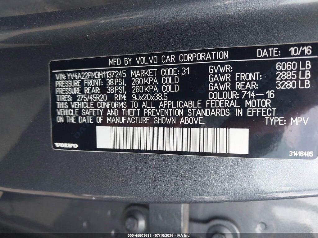 YV4A22PM3H1137245 2017 VOLVO XC90 photo no. 9
