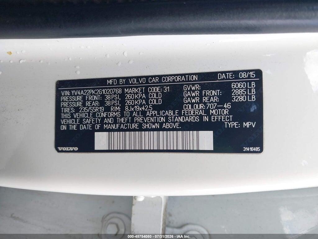 YV4A22PK2G1020768 2016 VOLVO XC90 photo no. 9