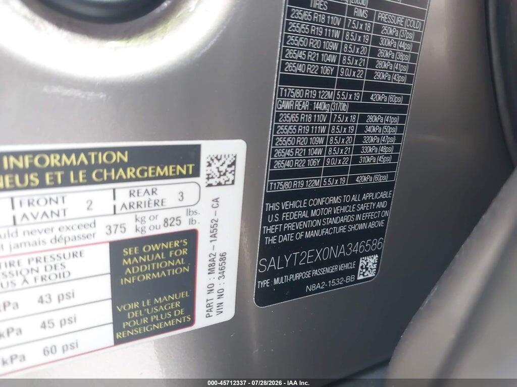 SALYT2EX0NA346586 2022 LAND ROVER RANGE ROVER VELAR photo no. 9