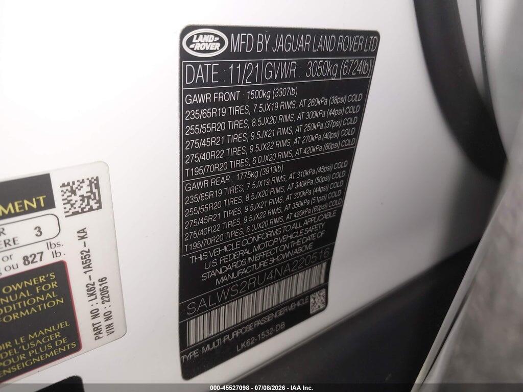 SALWS2RU4NA220516 2022 LAND ROVER RANGE ROVER SPORT photo no. 9