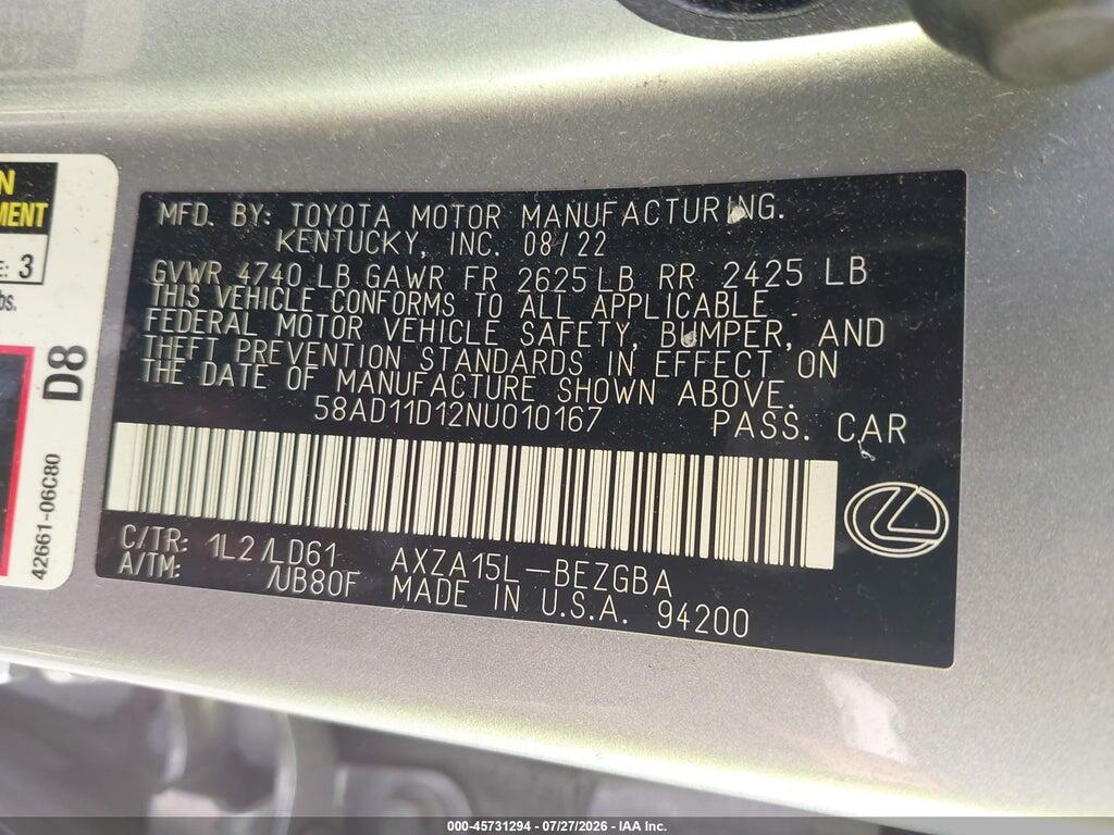 58AD11D12NU010167 2022 LEXUS ES 250 photo no. 9