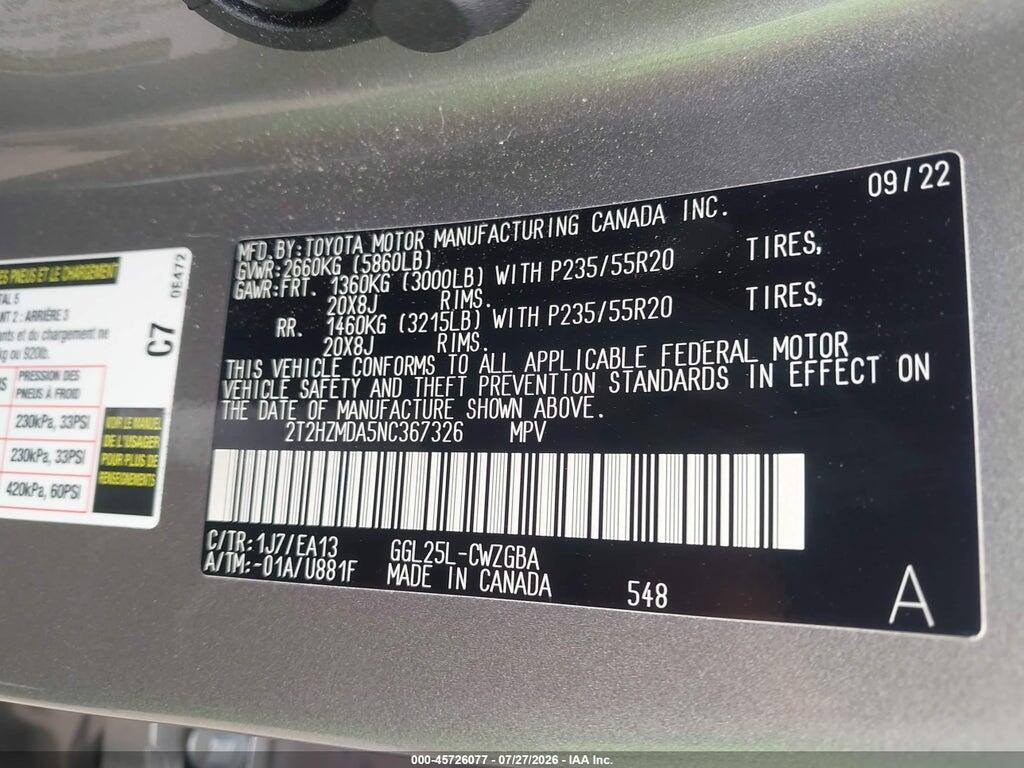 2T2HZMDA5NC367326 2022 LEXUS RX 350 photo no. 9