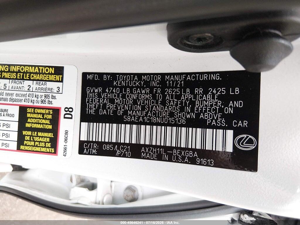 58AEA1C18NU015136 2022 LEXUS ES 300H photo no. 9
