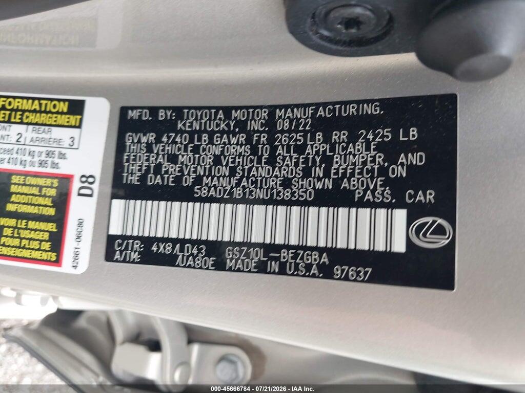 58ADZ1B13NU138350 2022 LEXUS ES 350 photo no. 9