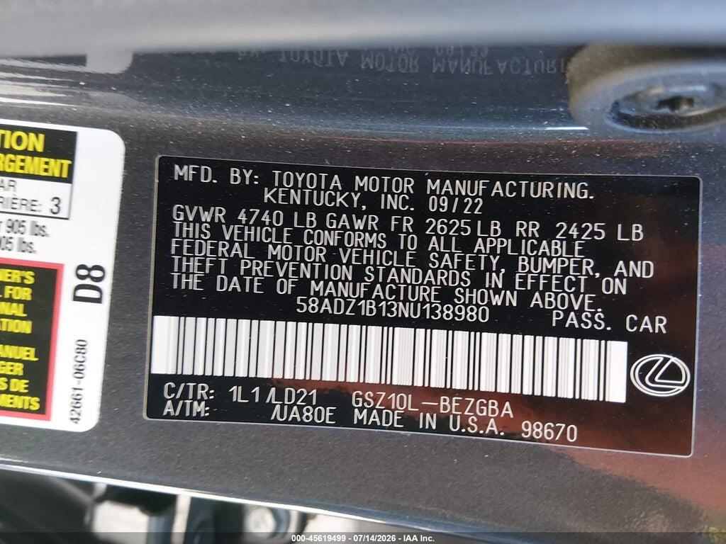 58ADZ1B13NU138980 2022 LEXUS ES 350 photo no. 9