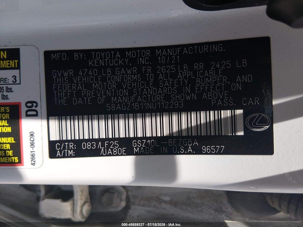 58AGZ1B11NU112293 2022 LEXUS ES 350 photo no. 9