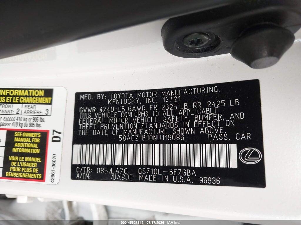 58ACZ1B10NU119086 2022 LEXUS ES 350 photo no. 9