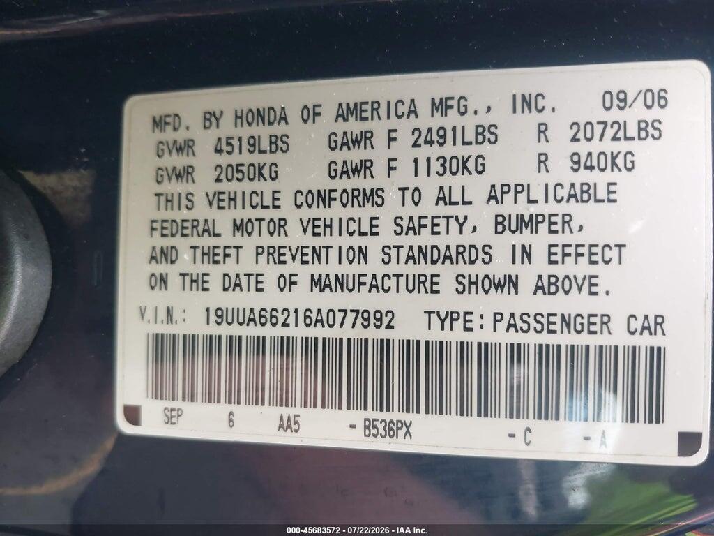 19UUA66216A077992 2006 ACURA TL photo no. 9