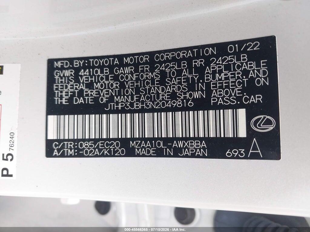 JTHP3JBH3N2049816 2022 LEXUS UX 200 photo no. 9