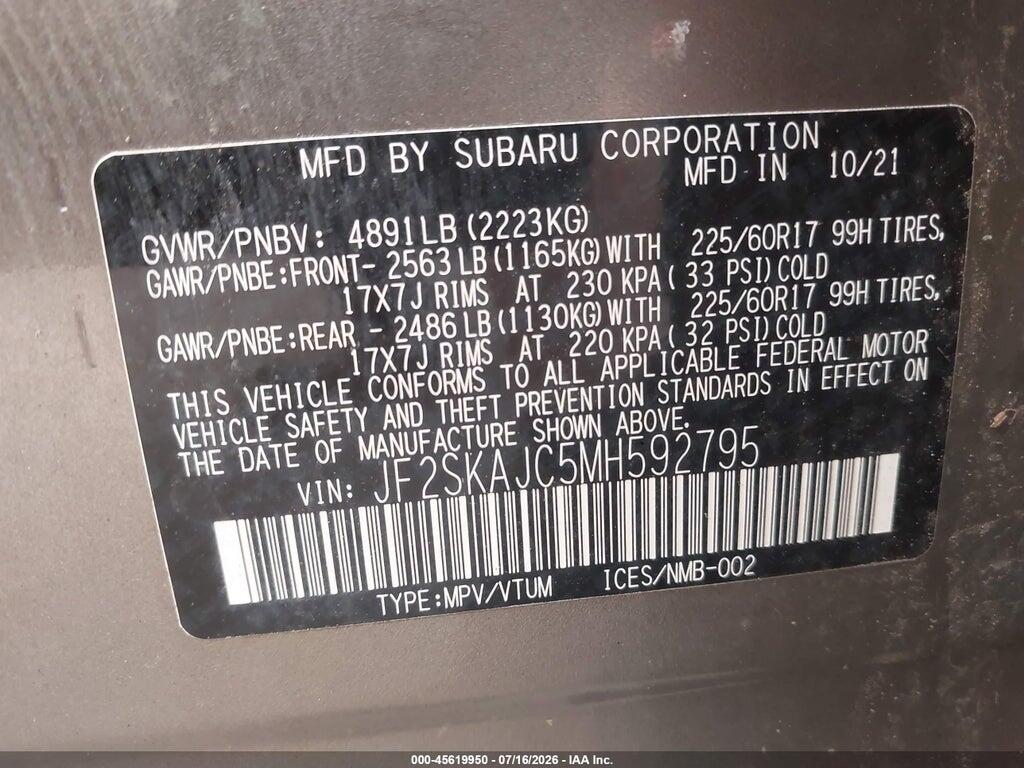 JF2SKAJC5MH592795 2021 SUBARU FORESTER photo no. 9