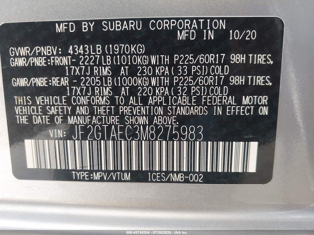 JF2GTAEC3M8275983 2021 SUBARU CROSSTREK photo no. 9