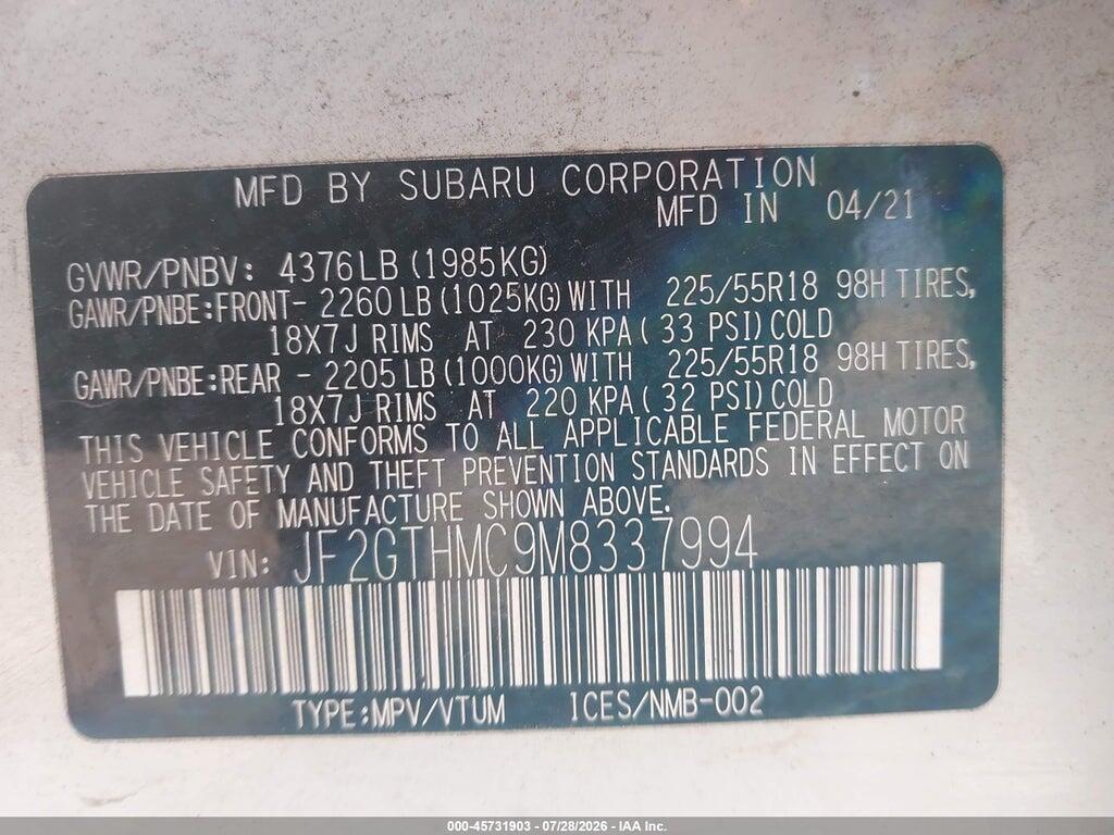 JF2GTHMC9M8337994 2021 SUBARU CROSSTREK photo no. 9