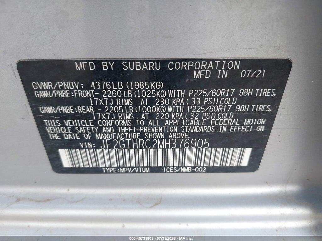 JF2GTHRC2MH376905 2021 SUBARU CROSSTREK photo no. 9