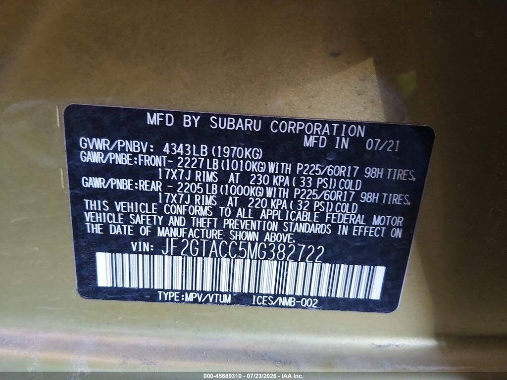 JF2GTACC5MG382722 2021 SUBARU CROSSTREK photo no. 9