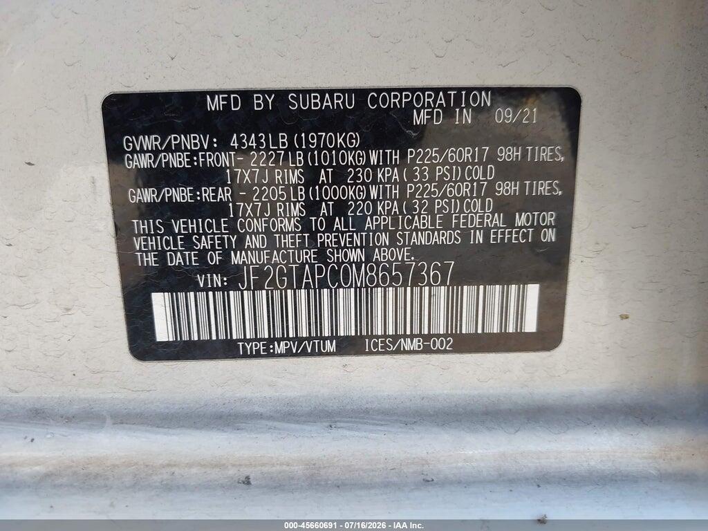 JF2GTAPC0M8657367 2021 SUBARU CROSSTREK photo no. 9