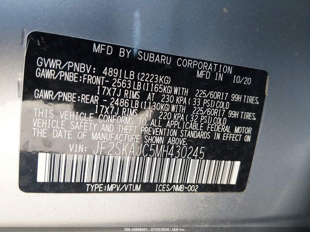 JF2SKAJC5MH430245 2021 SUBARU FORESTER photo no. 9