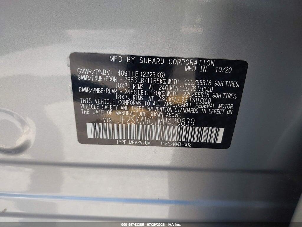 JF2SKARC1MH429839 2021 SUBARU FORESTER photo no. 9