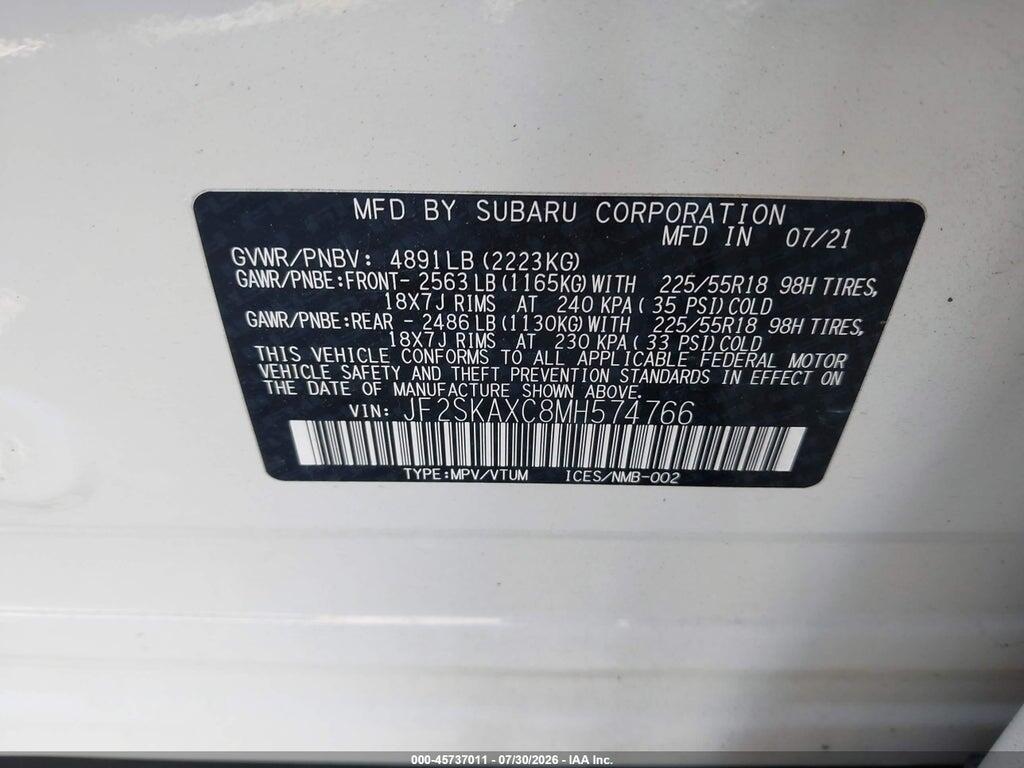 JF2SKAXC8MH574766 2021 SUBARU FORESTER photo no. 9