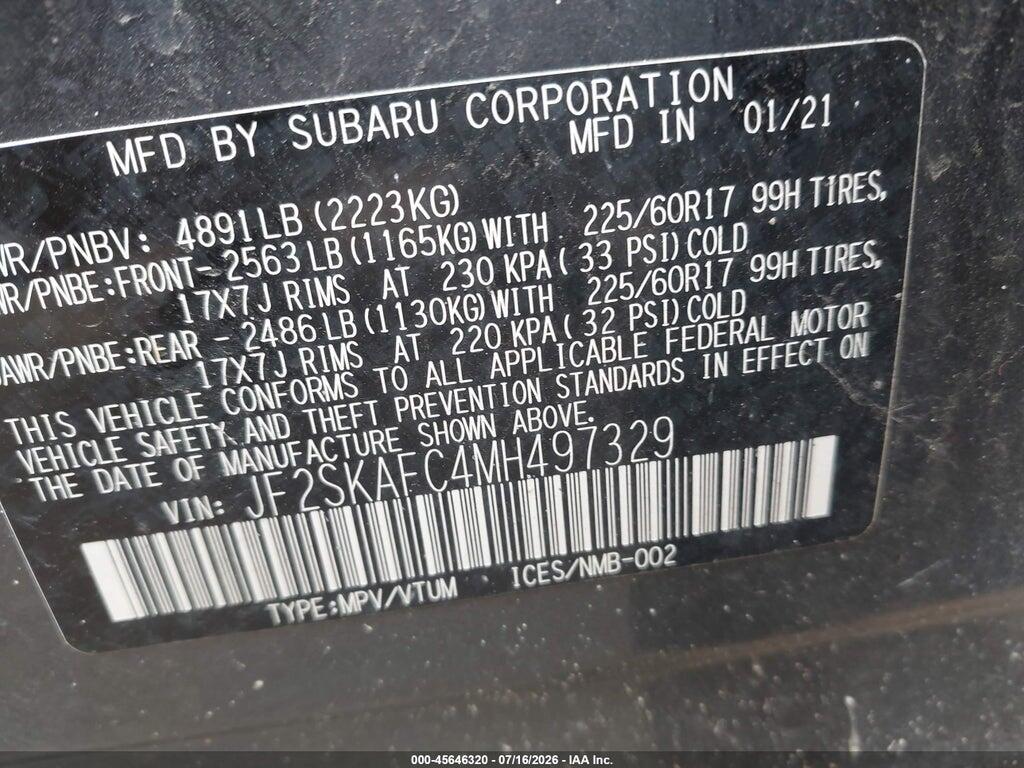 JF2SKAFC4MH497329 2021 SUBARU FORESTER photo no. 9