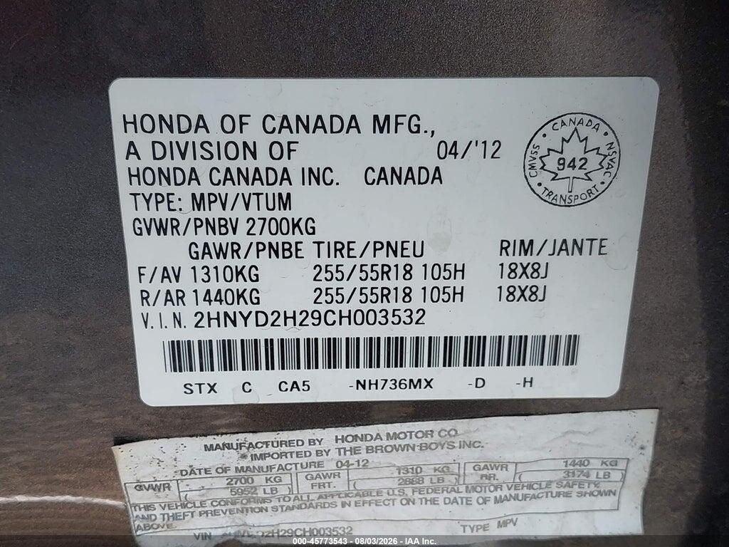 2HNYD2H29CH003532 2012 ACURA MDX photo no. 9
