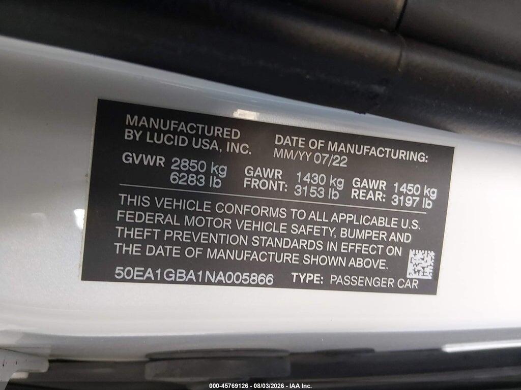 50EA1GBA1NA005866 2022 LUCID AIR photo no. 9