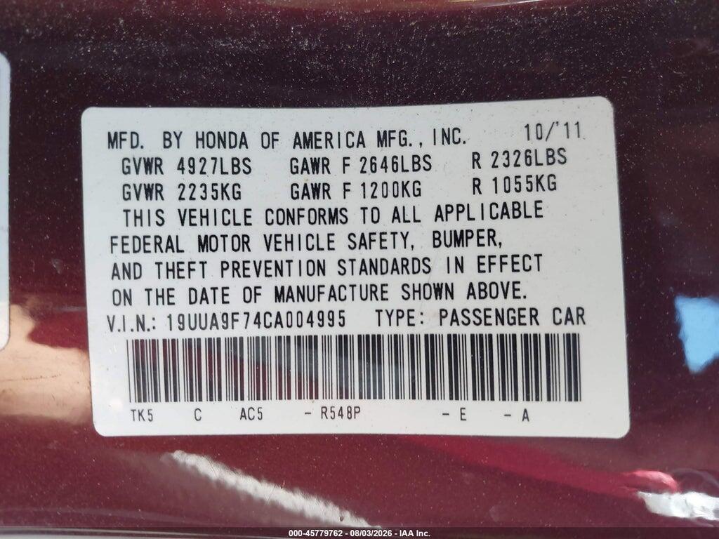 19UUA9F74CA004995 2012 ACURA TL photo no. 9