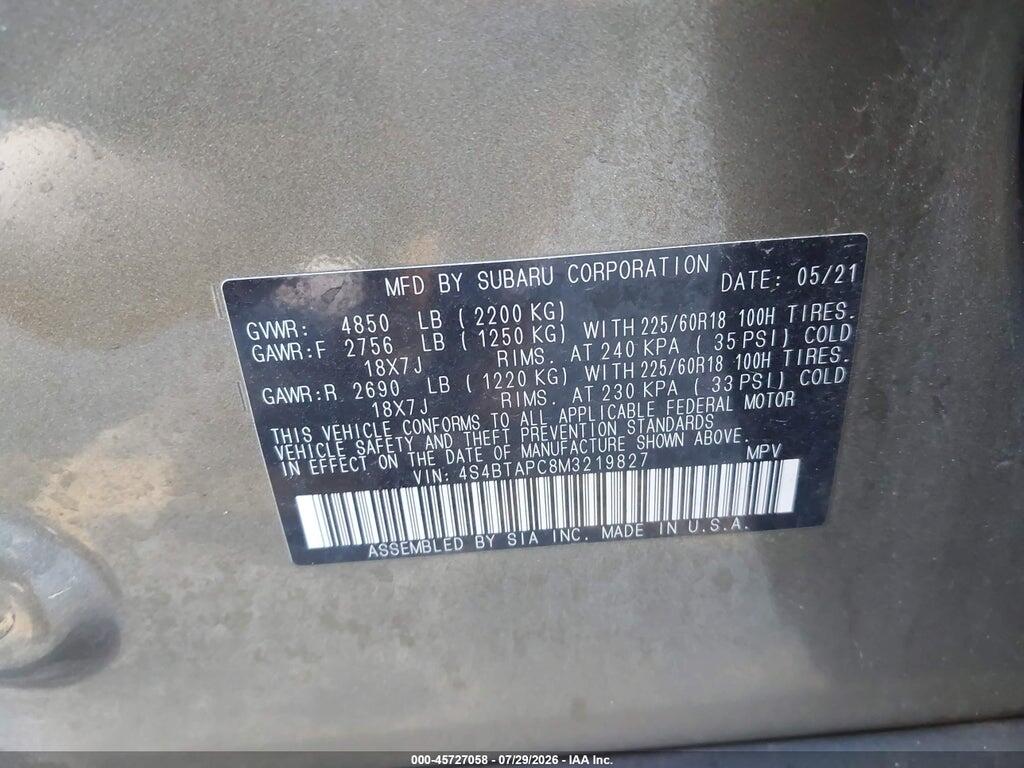 4S4BTAPC8M3219827 2021 SUBARU OUTBACK photo no. 9