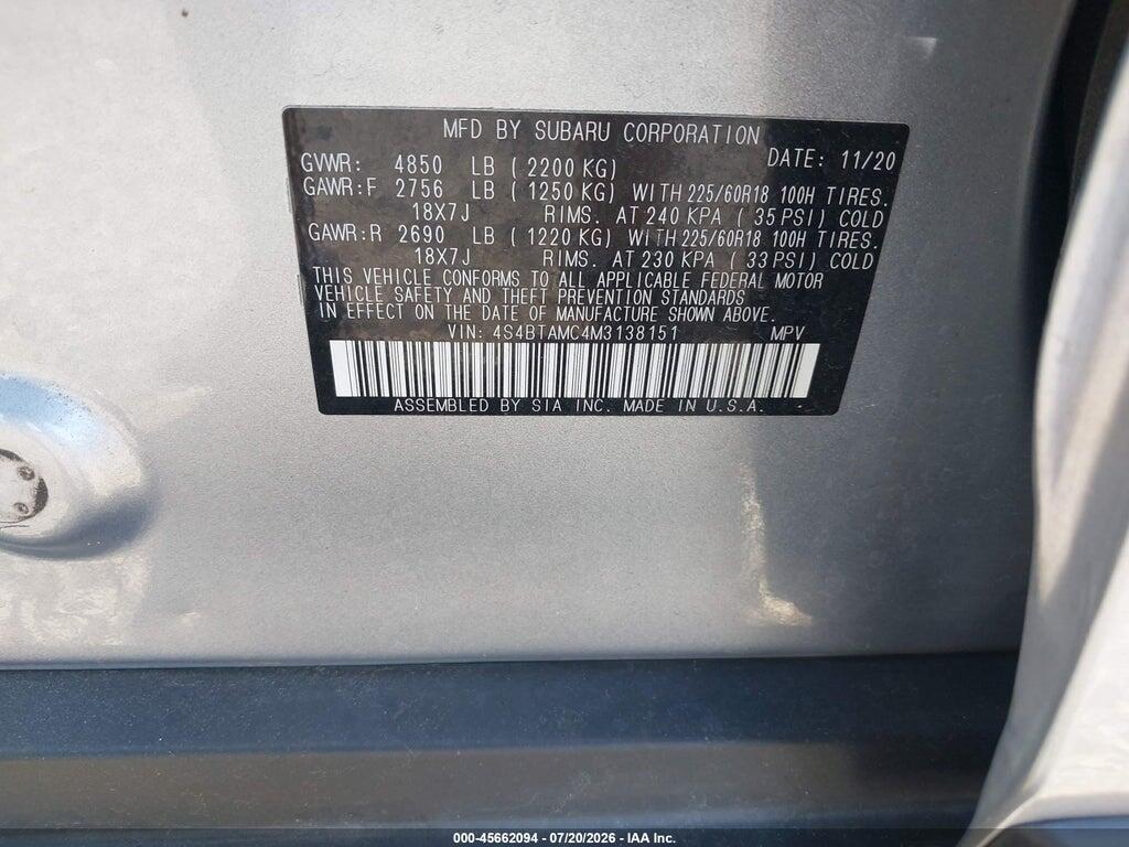 4S4BTAMC4M3138151 2021 SUBARU OUTBACK photo no. 9