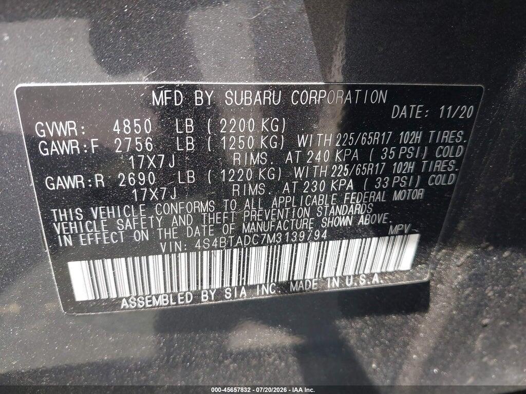 4S4BTADC7M3139794 2021 SUBARU OUTBACK photo no. 9