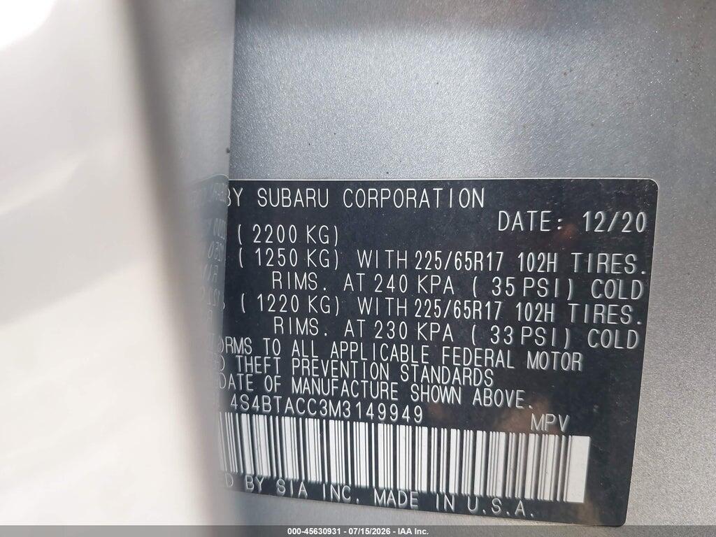4S4BTACC3M3149949 2021 SUBARU OUTBACK photo no. 9
