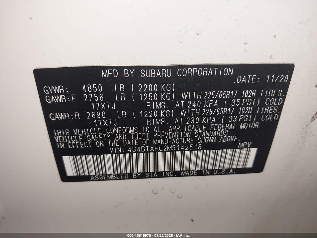 4S4BTAFC2M3142518 2021 SUBARU OUTBACK photo no. 9