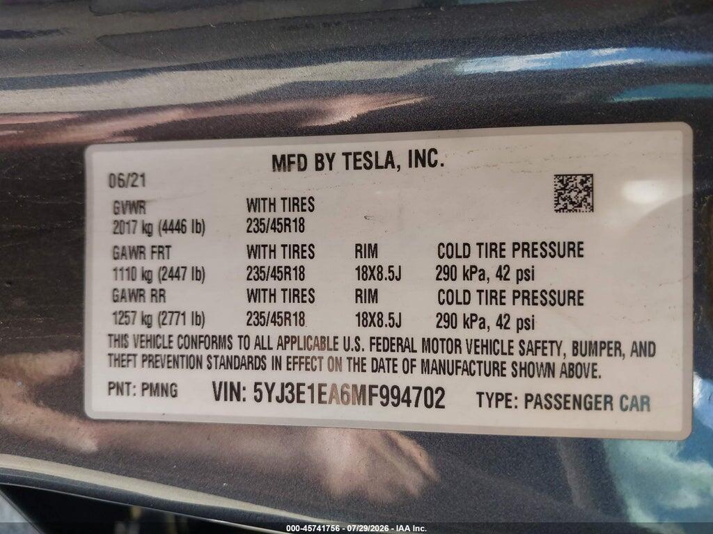 5YJ3E1EA6MF994702 2021 TESLA MODEL 3 photo no. 9