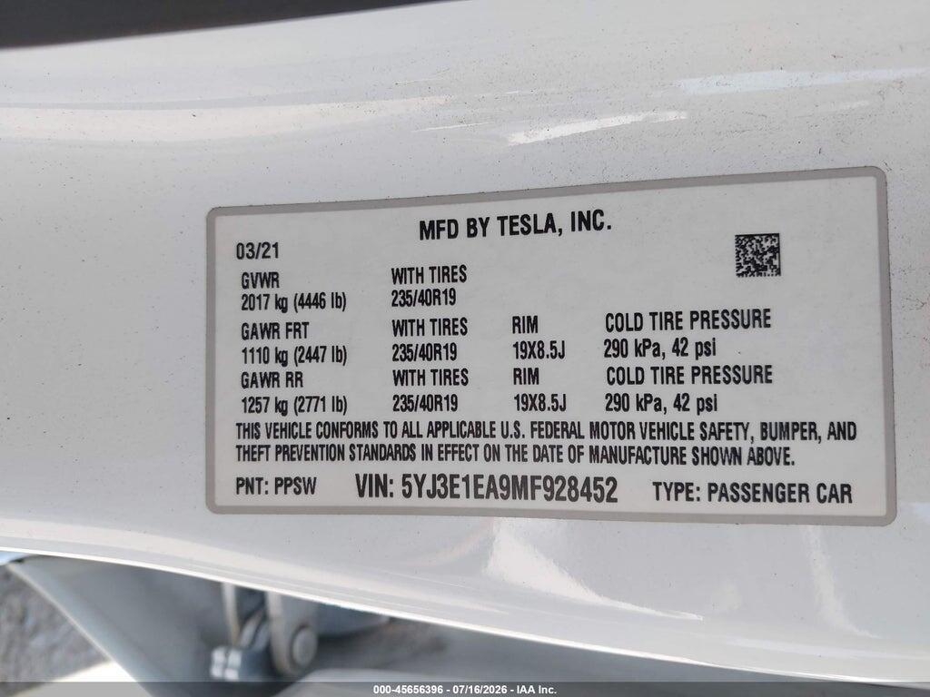 5YJ3E1EA9MF928452 2021 TESLA MODEL 3 photo no. 9