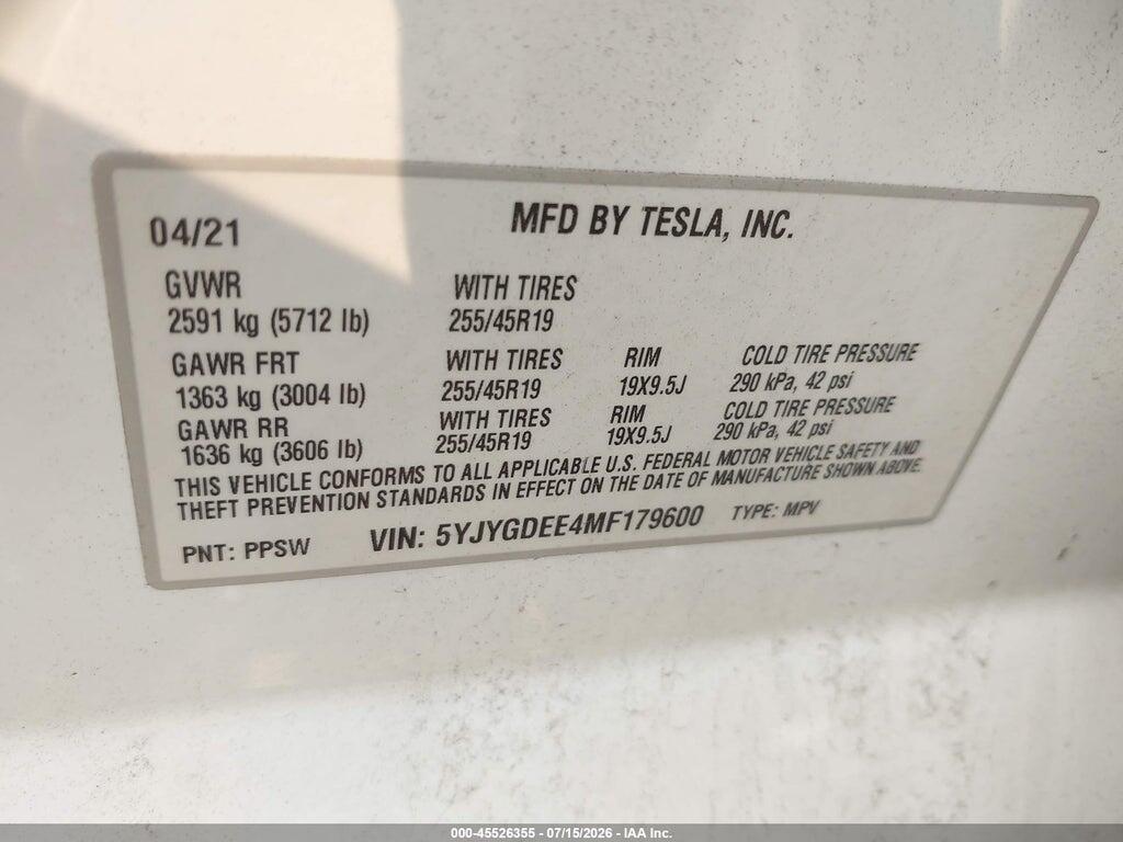 5YJYGDEE4MF179600 2021 TESLA MODEL Y photo no. 9