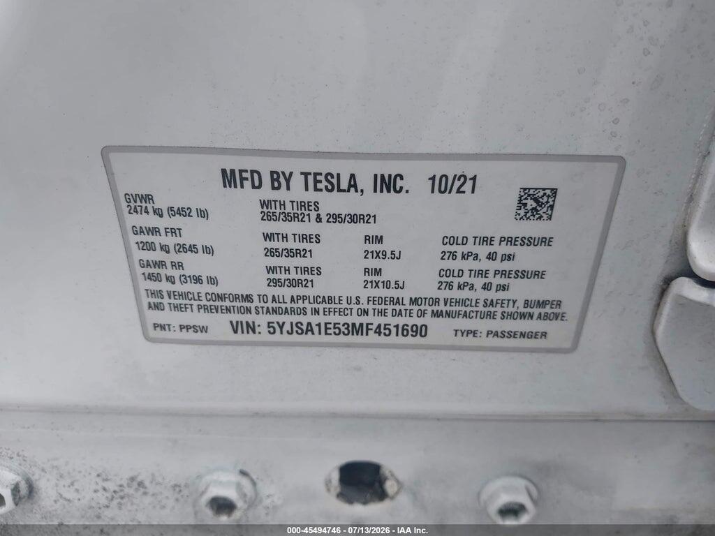 5YJSA1E53MF451690 2021 TESLA MODEL S photo no. 9