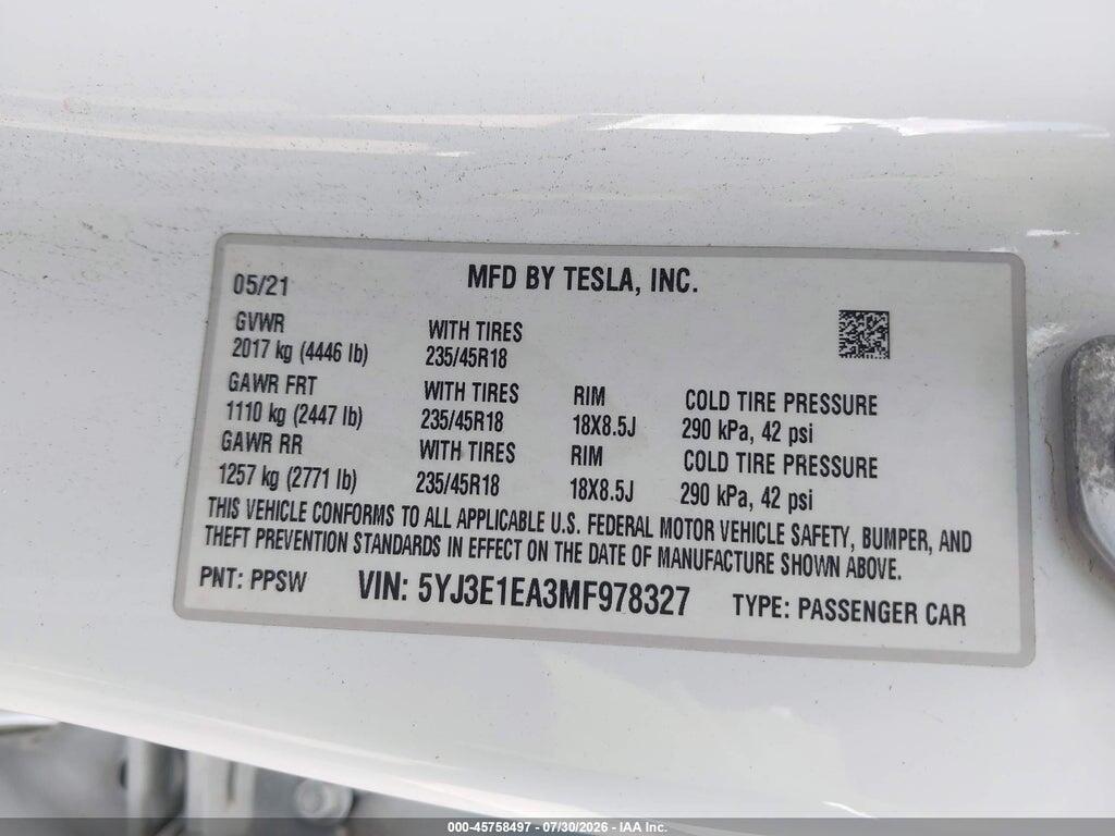 5YJ3E1EA3MF978327 2021 TESLA MODEL 3 photo no. 9