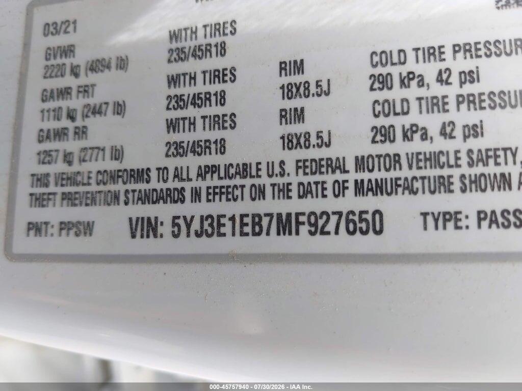 5YJ3E1EB7MF927650 2021 TESLA MODEL 3 photo no. 9