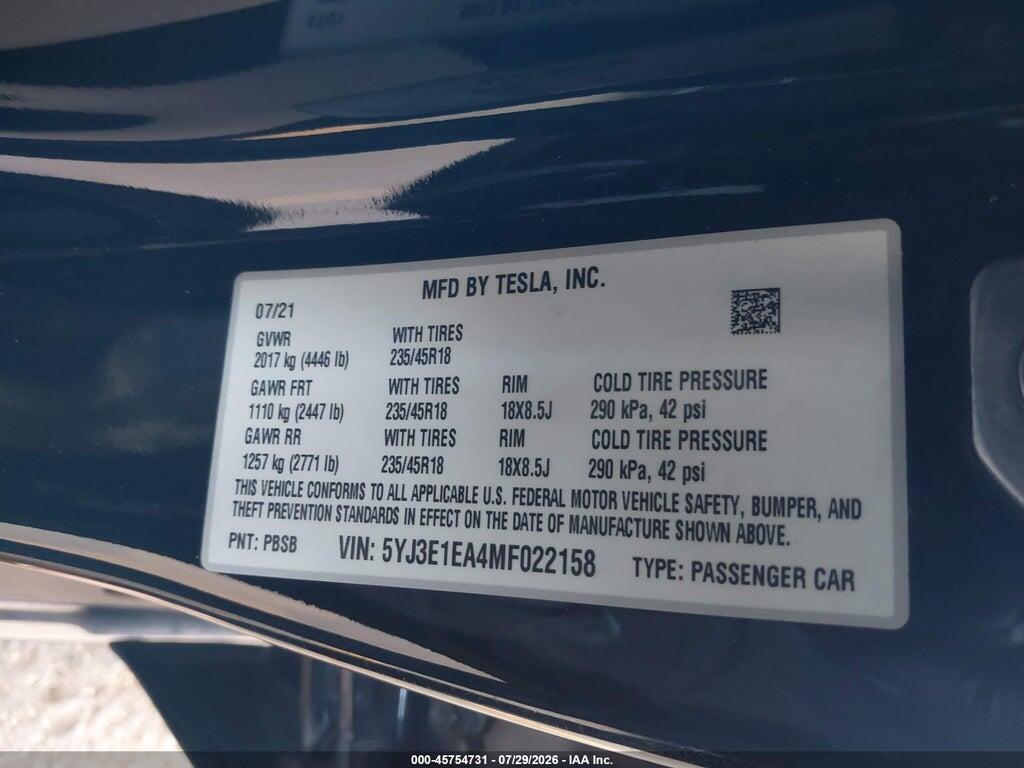5YJ3E1EA4MF022158 2021 TESLA MODEL 3 photo no. 9