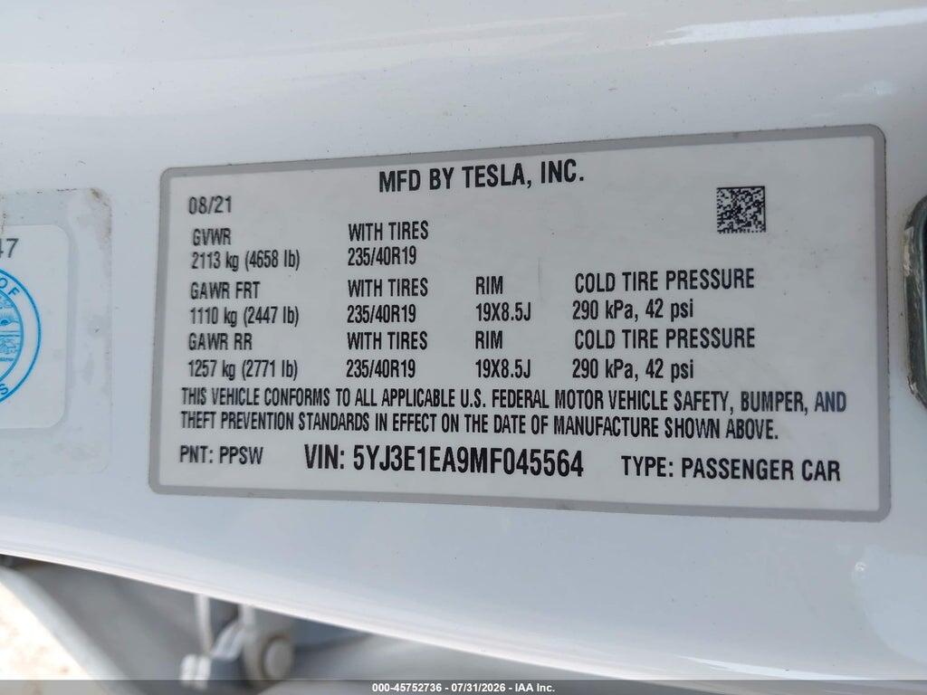 5YJ3E1EA9MF045564 2021 TESLA MODEL 3 photo no. 9