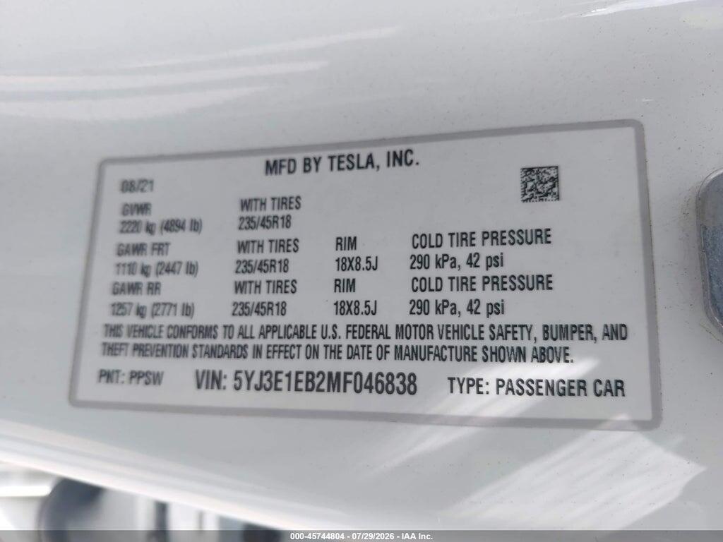 5YJ3E1EB2MF046838 2021 TESLA MODEL 3 photo no. 9