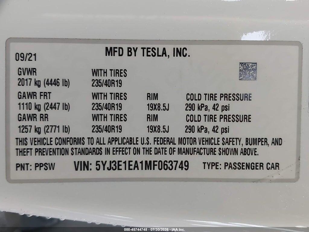 5YJ3E1EA1MF063749 2021 TESLA MODEL 3 photo no. 9