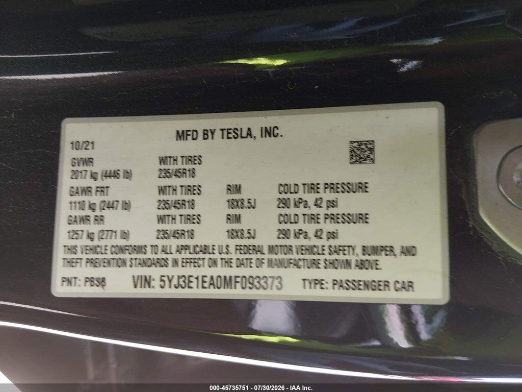 5YJ3E1EA0MF093373 2021 TESLA MODEL 3 photo no. 9