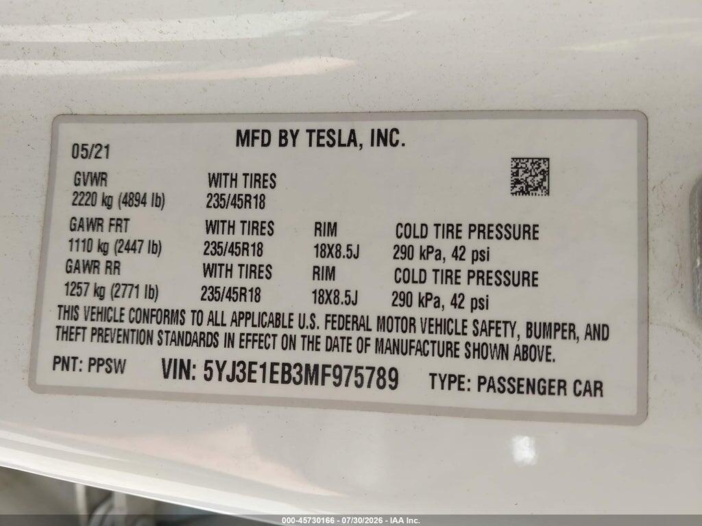 5YJ3E1EB3MF975789 2021 TESLA MODEL 3 photo no. 9