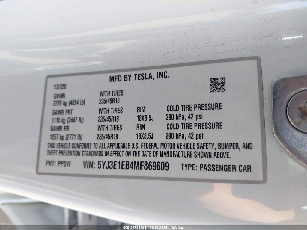 5YJ3E1EB4MF869609 2021 TESLA MODEL 3 photo no. 9