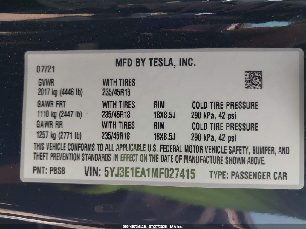 5YJ3E1EA1MF027415 2021 TESLA MODEL 3 photo no. 9