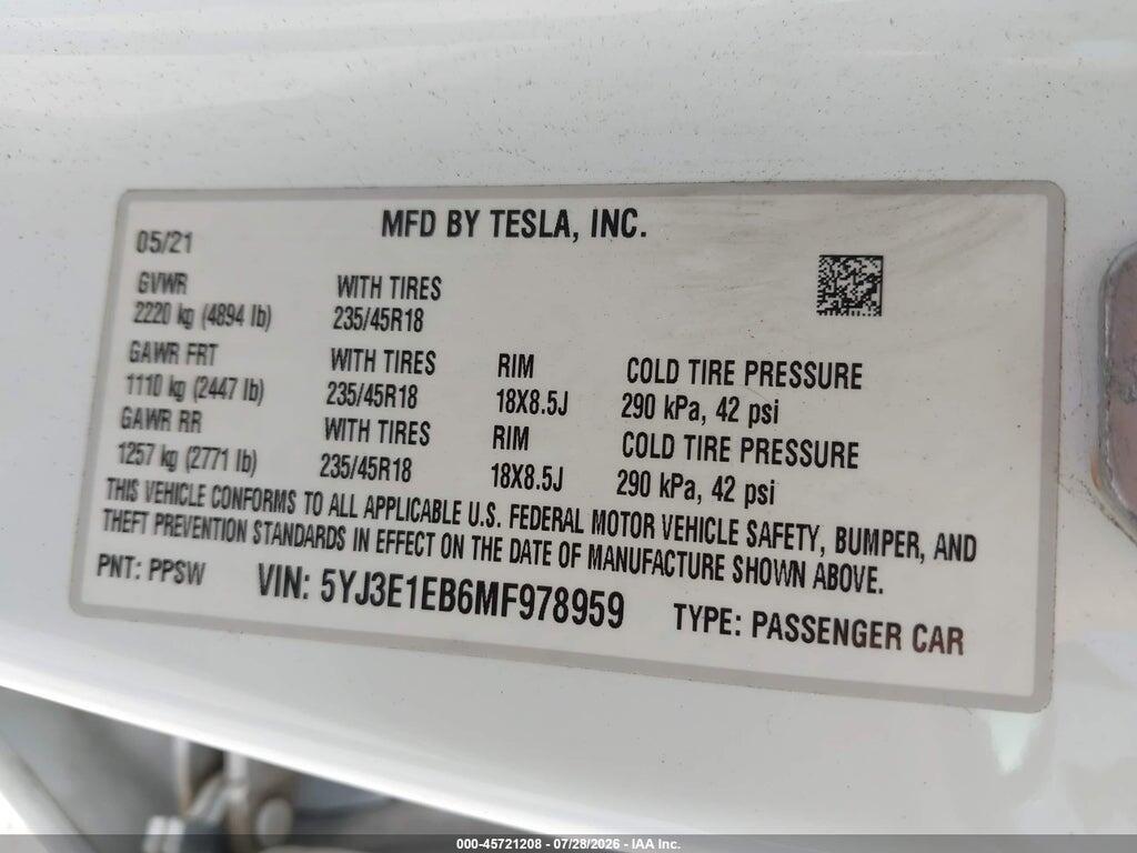 5YJ3E1EB6MF978959 2021 TESLA MODEL 3 photo no. 9