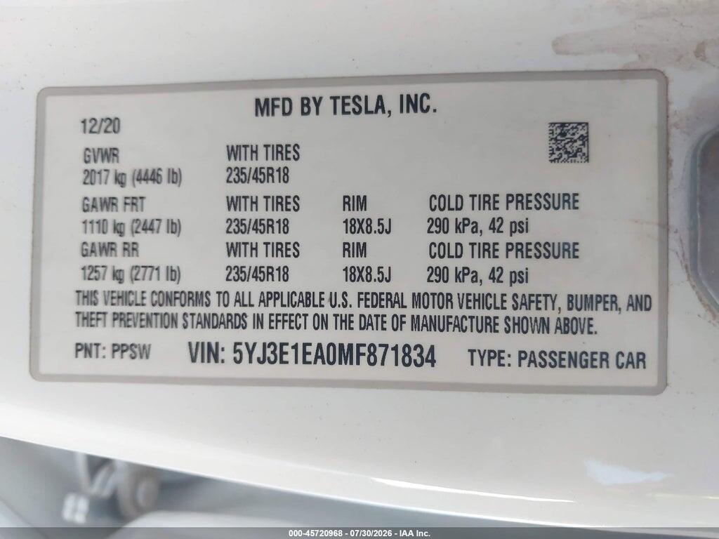 5YJ3E1EA0MF871834 2021 TESLA MODEL 3 photo no. 9