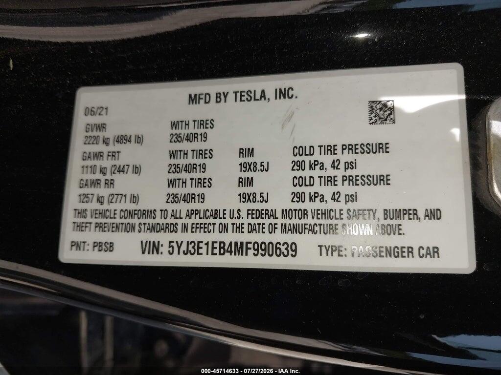 5YJ3E1EB4MF990639 2021 TESLA MODEL 3 photo no. 9