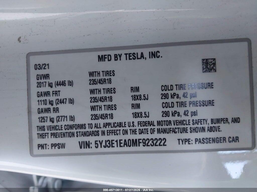 5YJ3E1EA0MF923222 2021 TESLA MODEL 3 photo no. 9